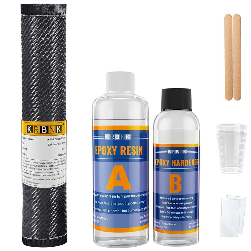 Krbnk 6.6FT 3K/240g Carbon Fiber Repair Kit, 12" Carbon Fabric Fiber Cloth Roll, 8OZ Epoxy Resin 4OZ Hardener, DIY Carbon Fiber Fabric Sheet Fibra de Carbono para Carro - Image 1